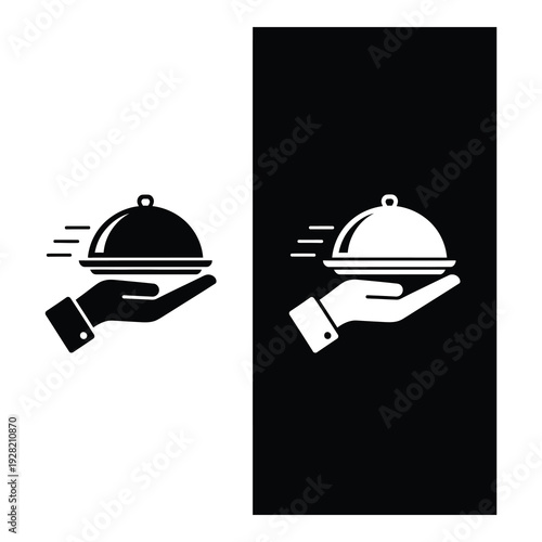Food serving icons with hands holding covered dishes  restaurant and culinary symbols icon