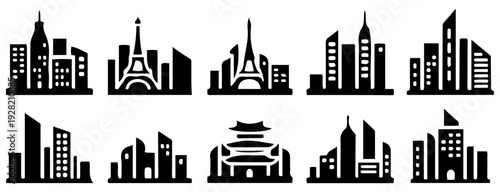 City Skyline Icons Set - Black Silhouette Vector