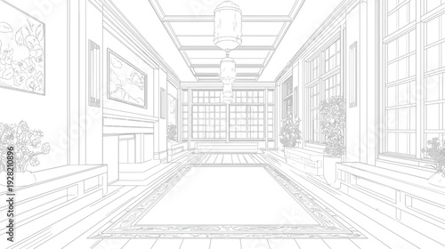 Vector Outline Sketch of a Grand Interior Hallway with Elegant Architectural Details, Large Windows, Chandeliers, and Plants