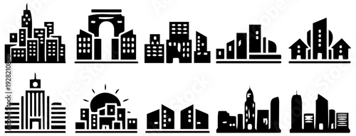 Set of City Skyline and Building Icons in Silhouette