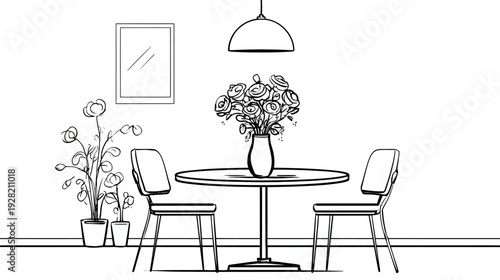 Minimalist dining room line art sketch with round table, two chairs, flowers, and potted plants. Modern interior design illustration.