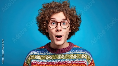 The young man with curly hair and glasses wearing a colorful knit sweater, surprised