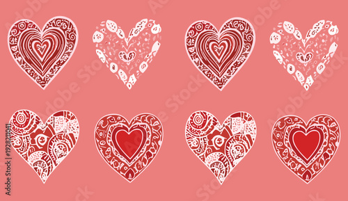 Decorative heart vector set, romantic love illustration collection with ornate patterns for Valentine design elements