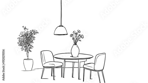 Minimalist Line Art Illustration of a Contemporary Dining Room Interior. Hand-drawn Sketch with Table, Chairs, Potted Plant & Lamp.