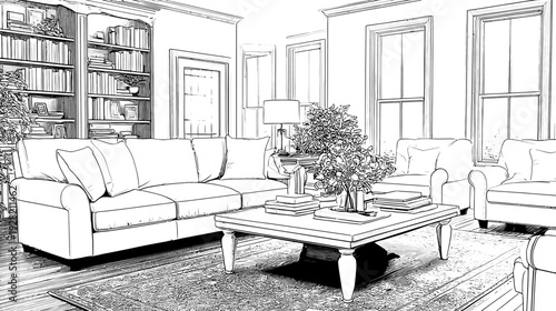 Detailed black and white line art drawing of a classic living room interior. Cozy home furniture sketch with sofa, armchairs, and decor.