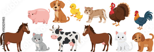 Farm Domestic Animals Collection with Cow, Horse, Pig, Dog, Cat, Chicken and Turkey Cartoon Vector Illustration Set