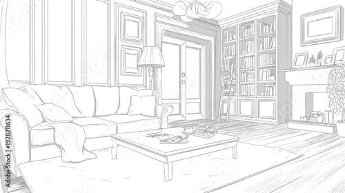 Detailed line art illustration of an elegant living room interior. Cozy home sketch with sofa, coffee table, fireplace, and bookshelf.