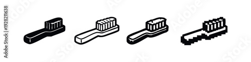 Isometric Toothbrush Icon Set. Dental Hygiene, Oral Care, and Bathroom Cleaning Tools Symbol Collection.