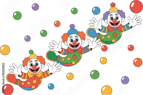 Clown cartoon characters jumping with colorful balloons in the air