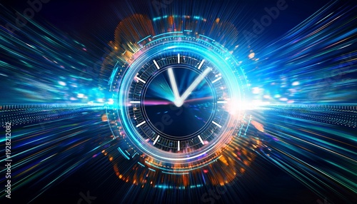 abstract digital background with futuristic time clock and glowing lights symbolizing speed in data technology