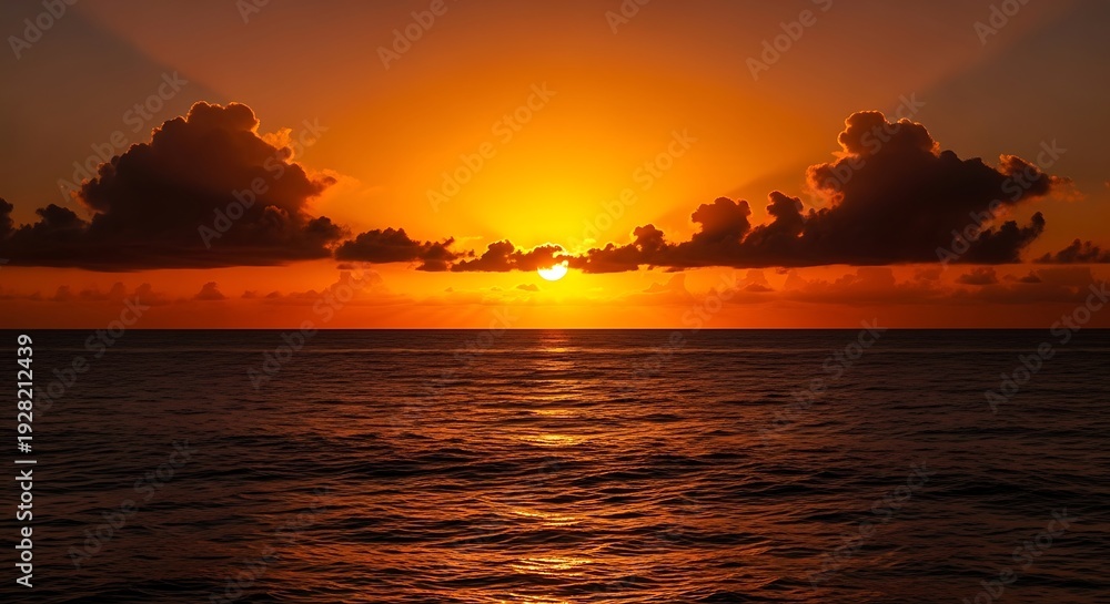 Naklejka premium A breathtaking ocean sunset, with the sun's rays peeking through dark clouds over the water