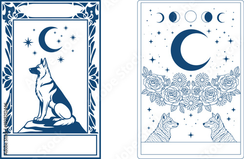 Tarot Wolf and Celestial Moon Illustration Set, Lunar Phase Night Sky Card Design, Vintage Engraving Style Mystical Divination Artwork