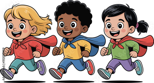 Children superhero cartoon illustration running together in colorful capes