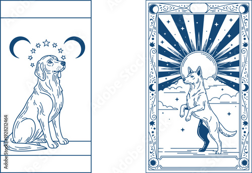 Tarot Dog and Celestial Canine Illustration Set, Crescent Moon and Radiant Sun Card Design, Vintage Engraving Style Mystical Divination Artwork