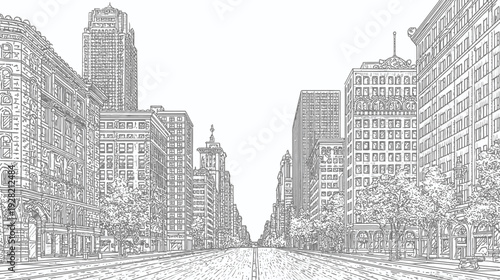 Detailed Black and White Line Art Illustration of a Classic City Street with Tall Architectural Buildings and Urban Skyline Perspective