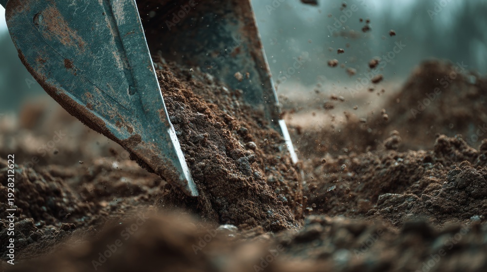 Fototapeta premium Shovel digging soil in garden ground with flying dirt and dramatic outdoor close up