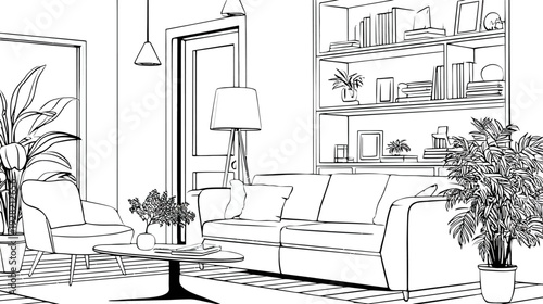 Detailed line art illustration of a modern living room interior. Contemporary lounge sketch with sofa, armchair, plants, and shelving.