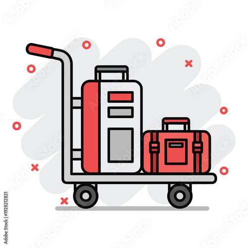 Red and gray luggage on a cart with handle and wheels for travel icon