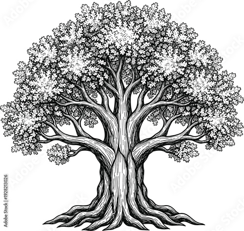 Detailed vintage oak tree engraving illustration with dense foliage branches and roots natural botanical antique hand drawn vector artwork