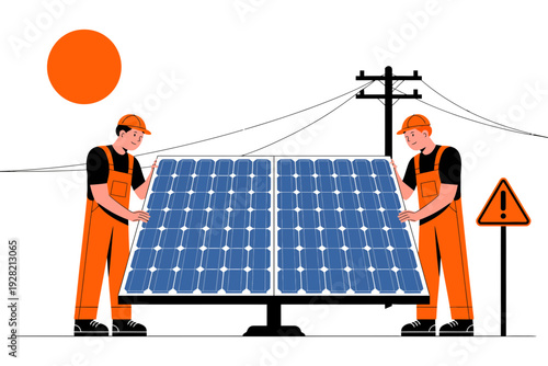 Solar panel installation by two workers in orange uniforms outdoors