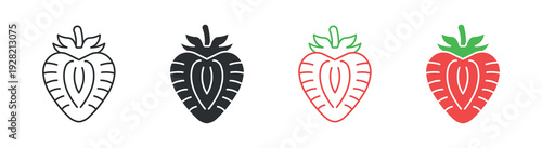 Strawberry fruit icon set, fresh organic berry symbol, healthy food vector illustration