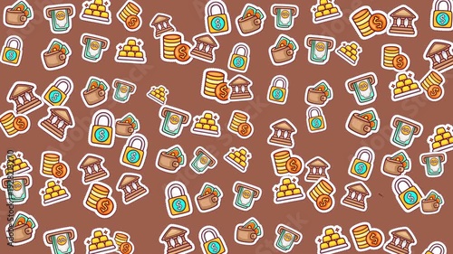 Arrangement of money lockboxes bank and wallet stickers on brown. Suitable for finance, banking, budget, savings, money management concepts.