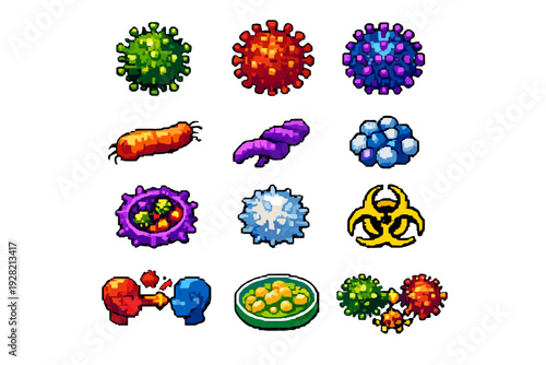 Microorganisms and infection transmission icons set with viruses, bacteria, biohazard and spread