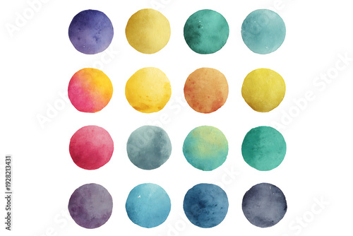 Set of colorful watercolor circles and abstract round paint strokes, isolated on a transparent background.