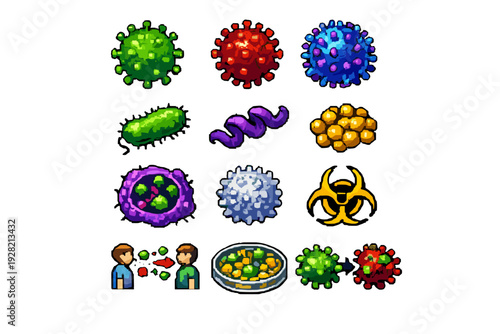 Microorganisms and infection transmission icons set with viruses, bacteria, biohazard and spread
