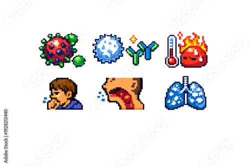 Respiratory infection and immune response icons set with virus, antibodies, fever and lungs