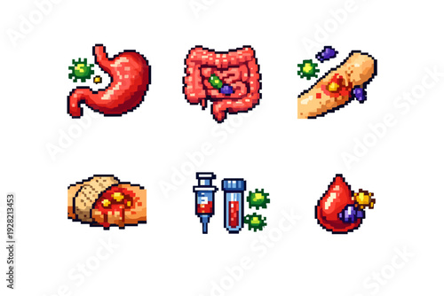 Digestive system infections and medical test icons set with stomach, intestine, blood and biopsy