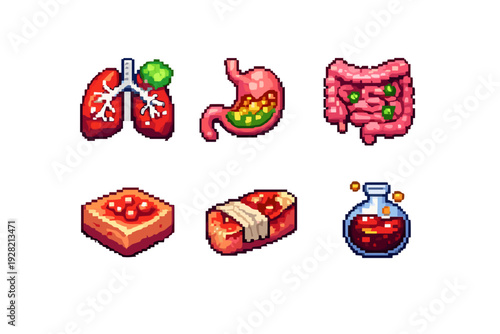 Human organ diseases and infection icons set with lungs, stomach, intestine and tissue damage