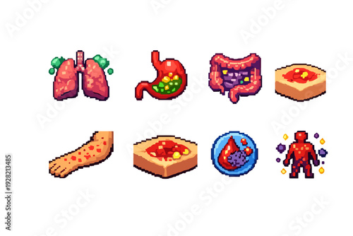 Internal organ infections and disease icons set with lungs, stomach, intestine and blood cells