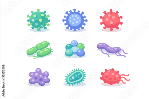 Virus and bacteria microorganism icons set with pathogen and germ shapes