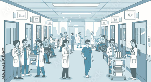 Medical Professionals in a Busy Hospital Corridor
