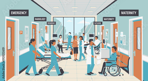 Busy Hospital Corridor with Medical Staff