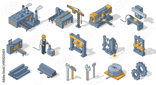 Industrial isometric icons depicting manufacturing plant elements, machinery, and construction equipment