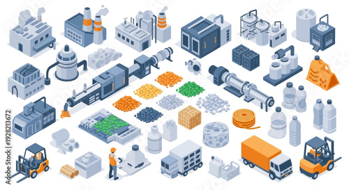 Isometric set of factory equipment and raw materials, industrial process elements, manufacturing plant components, and logistics vehicles