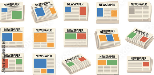 Set of newspaper vector illustrations featuring various layouts folded pages and stacked papers with headlines and image placeholders isolated on white background