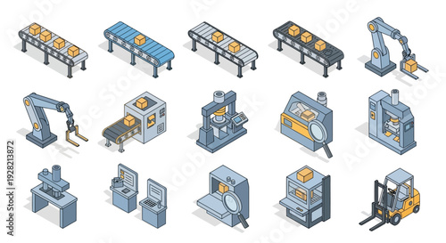 Isometric industrial machinery and factory equipment for manufacturing and production processes