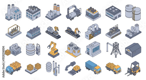 Isometric illustrations depicting various industrial elements, including factories, machinery, and transportation vehicles for manufacturing and logistics