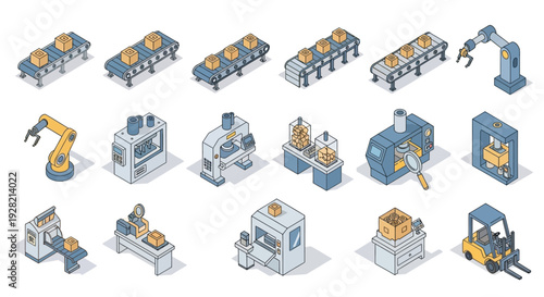 Isometric industrial factory production line elements, including conveyor belts, robotic arms, machinery, and forklifts, representing manufacturing and automation