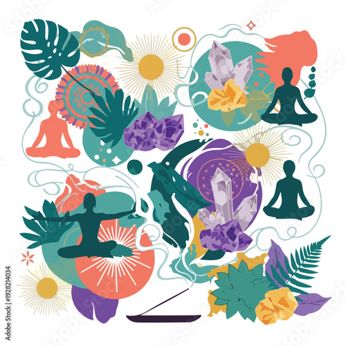 Yoga Silhouettes and Leaves Illustration.