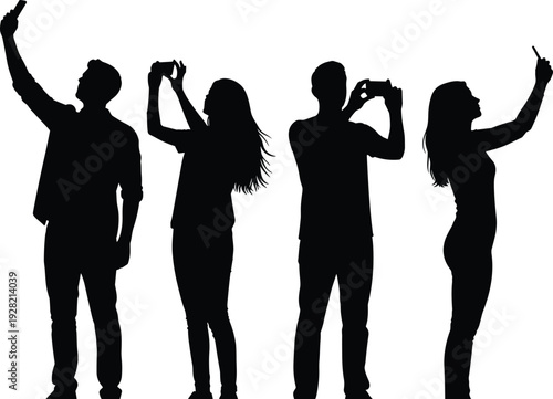 Silhouette of people taking selfies and photos with smartphones, social media lifestyle concept isolated on white background illustration