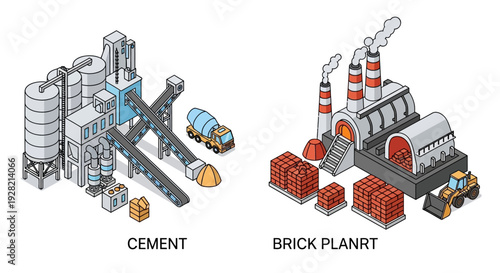 Industrial production of cement and bricks illustrated with isometric machinery and materials