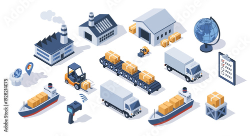 Industrial logistics and global transportation of goods, including cargo ships, trucks, and warehouses