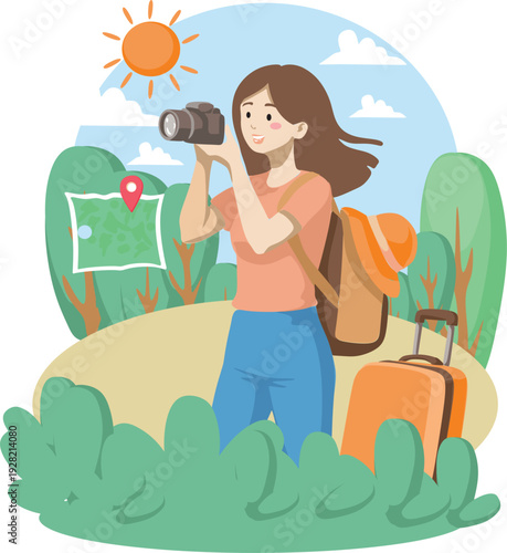 Vector illustration of a happy young woman traveling with a suitcase, backpack, and camera. Travel and tourism concept in flat style