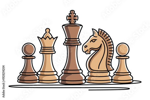 A chess knight icon illustration with king, queen, and pawns on a board
