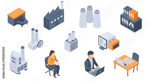 Isometric industrial and business buildings with office elements