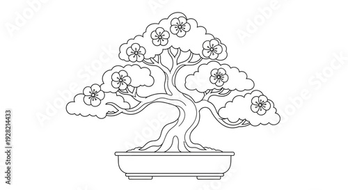 Elegant Bonsai Tree Line Drawing Illustration for Zen and Nature Themes
